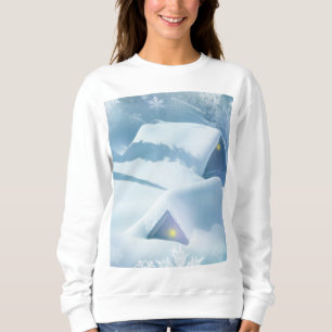 Snow topped roof in a forest sweatshirt