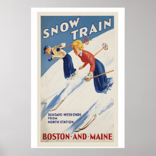Snow Trains Skiing Boston and Maine Vintage Ski Poster