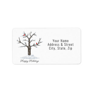 Snow Tree And Red Birds Christmas Happy Holidays Label