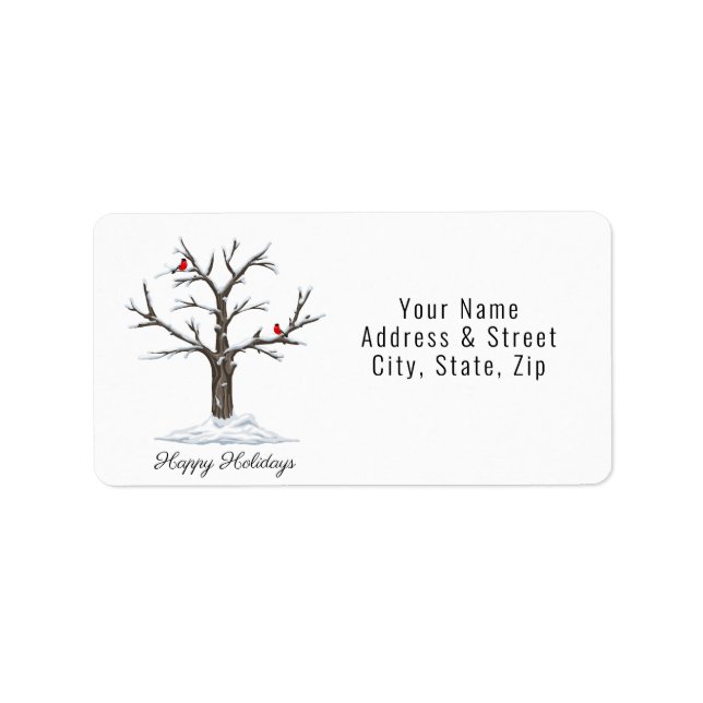 Snow Tree And Red Birds Christmas Happy Holidays Label (Front)