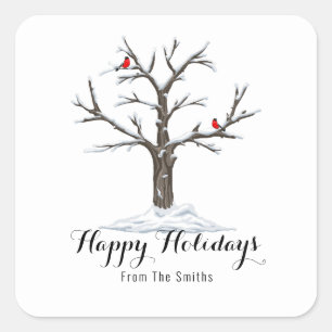 Snow Tree And Red Birds Christmas Happy Holidays Square Sticker