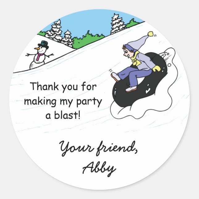 Snow Tubing Birthday Party Favour Bag Sticker Girl (Front)