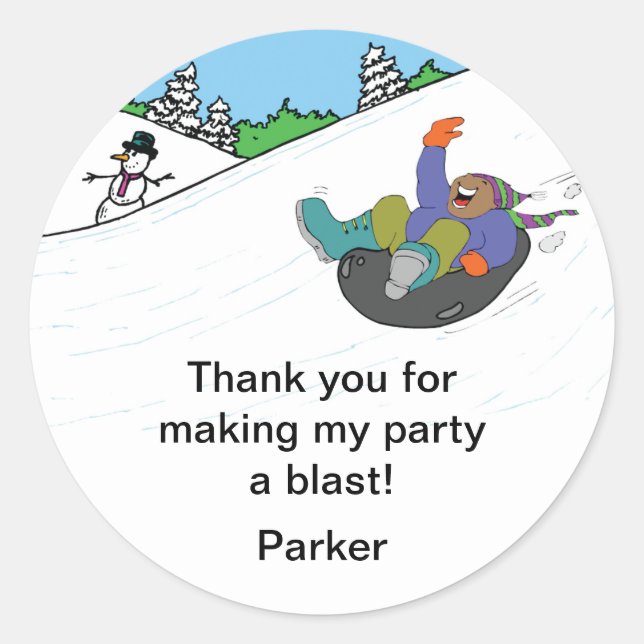 Snow Tubing Birthday Party Favour BOY dark skin Classic Round Sticker (Front)