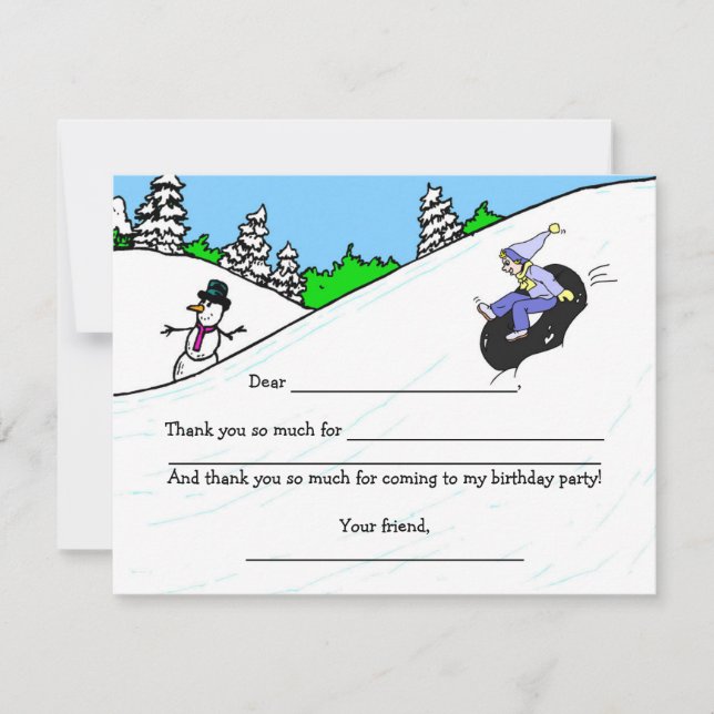 Snow Tubing Girl Birthday Party thank you note (Front)
