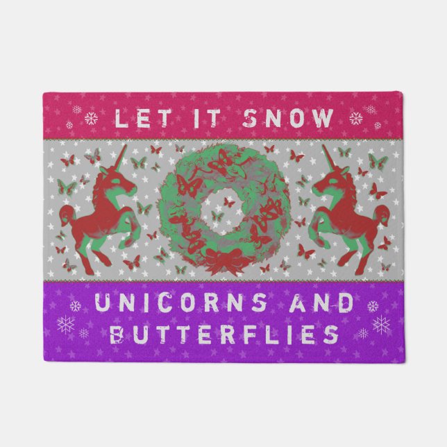 "Snow Unicorns & Butterflies" Doormat (Purple) (Front)