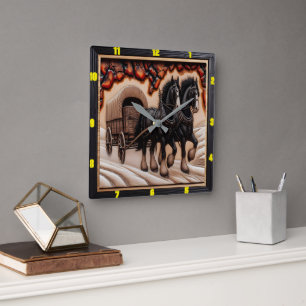Snow Wagon: Personalised Charred Wood Clydesdale Square Wall Clock