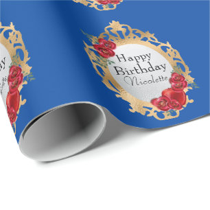 Snow White Gold Magic Mirror and Apple on Blue Wrapping Paper