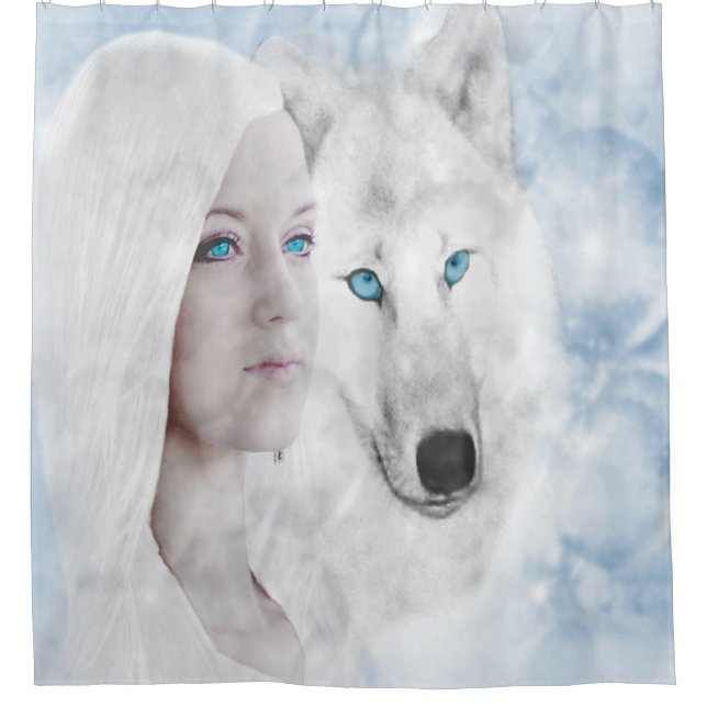 Snow White Wolf Lady Blue Eyes Shower Curtain (Front)