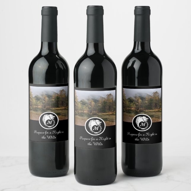 Snow White Wolf Silhouette Laurel Monogram Photo Wine Label (Bottles)