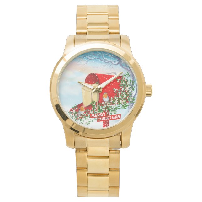 Snow Winter Christmas Birds And Red Post Box  Mens Watch (Front)