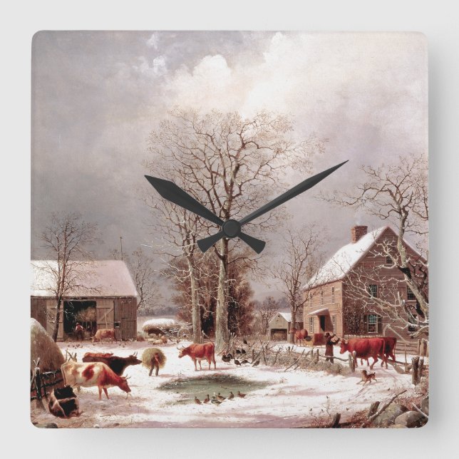 Snow Winter Farm Cows Ducks Turkeys Wall Clock (Front)