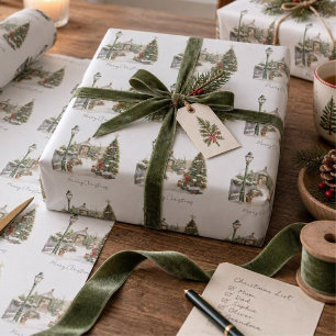 Snow Winter Farm Watercolor Pine Christmas Tree Wrapping Paper