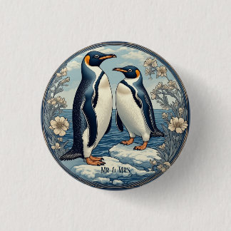 Snow Winter Glacier Blue Mr & Mrs Penguin Couple  3 Cm Round Badge
