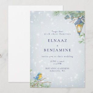 Snow Winter Lamp and Bird Illustration Wedding Invitation