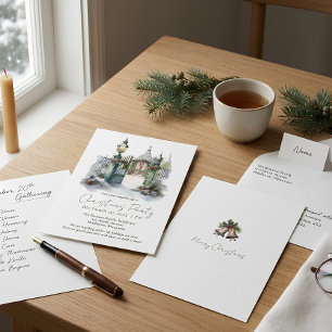 Snow Winter Scene Forest Pine Watercolor Christmas Invitation