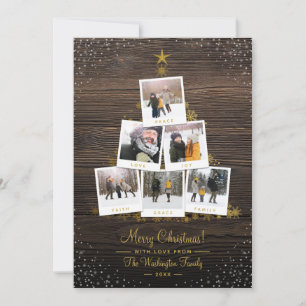 Snow & Wood Gold Christmas Tree 6 Photo Collage Holiday Card