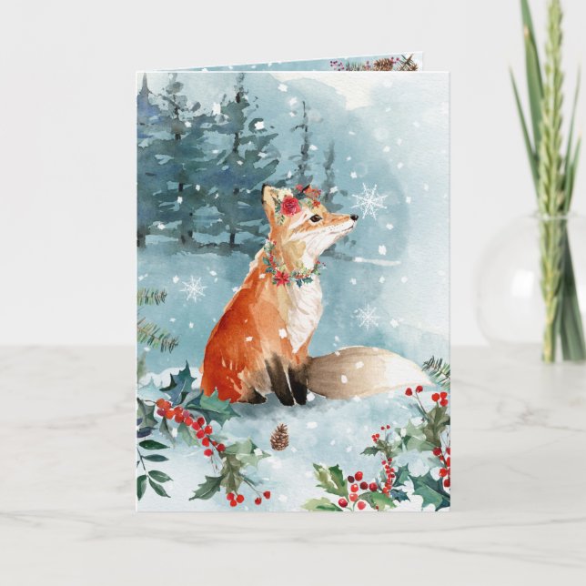 Snow Woodland Foxes Blue Modern Floral Holiday Card (Front)