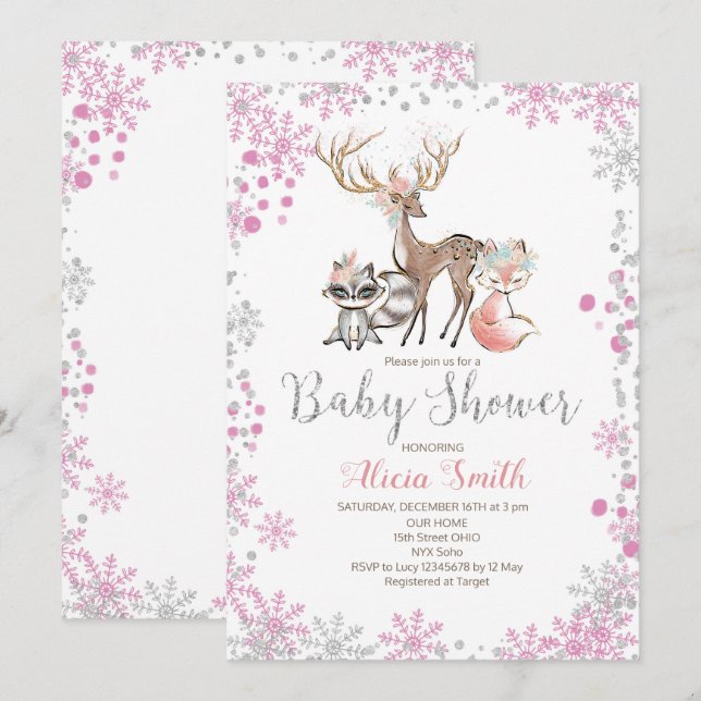 Snow woodland girl baby shower invitation (Front/Back)