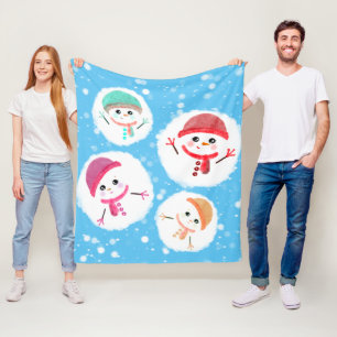 Snowball and Snowman Blue Fleece Blanket