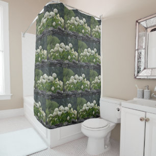 Snowball Bush On Rock Wall Shower Curtain