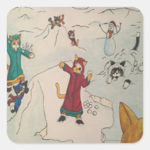 Snowball Fight Cats Rectangular Sticker