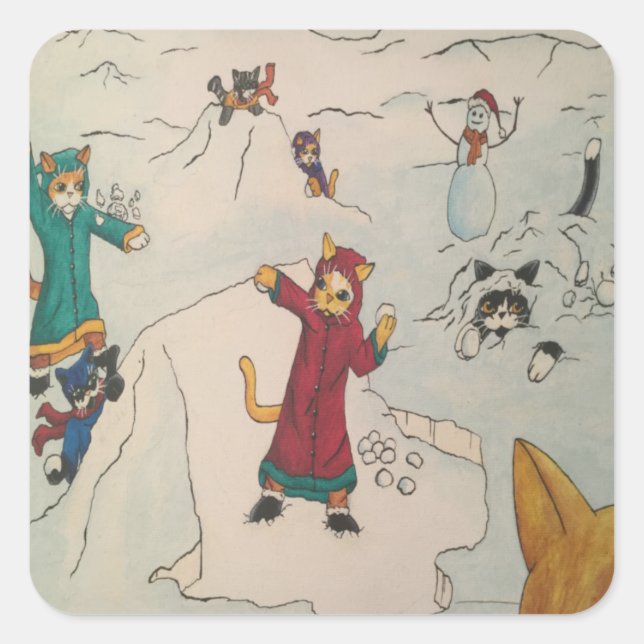 Snowball Fight Cats Rectangular Sticker (Front)