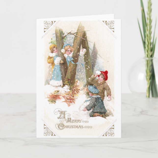 Snowball Fight Vintage Christmas Holiday Card (Front)