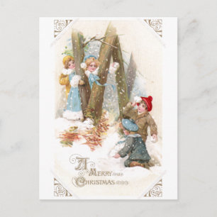 Snowball Fight Vintage Christmas Holiday Postcard