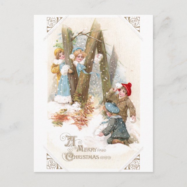 Snowball Fight Vintage Christmas Holiday Postcard (Front)