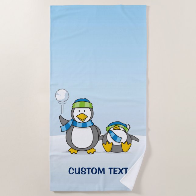 Snowballing penguins beach towel (Front)