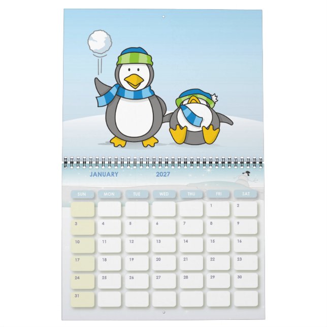 Snowballing penguins calendar (Jan 2027)