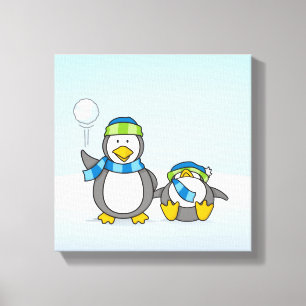 Snowballing penguins canvas print