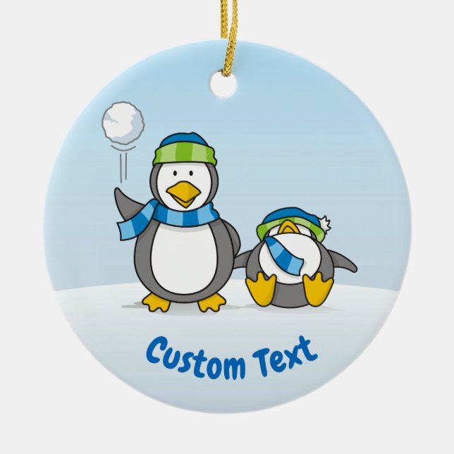 Snowballing penguins ceramic ornament (Front)