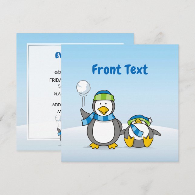 Snowballing penguins invitation (Front/Back)