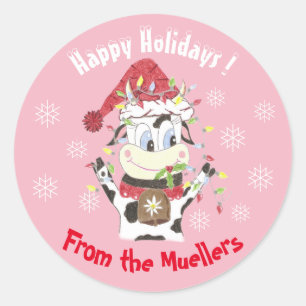 Snowbell the cow -Happy Holidays pink stickers