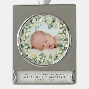 Snowberries - Baby's First Christmas Photo Silver Plated Banner Ornament