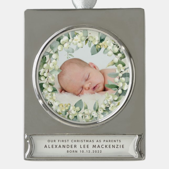 Snowberries - Baby's First Christmas Photo Silver Plated Banner Ornament (Front)
