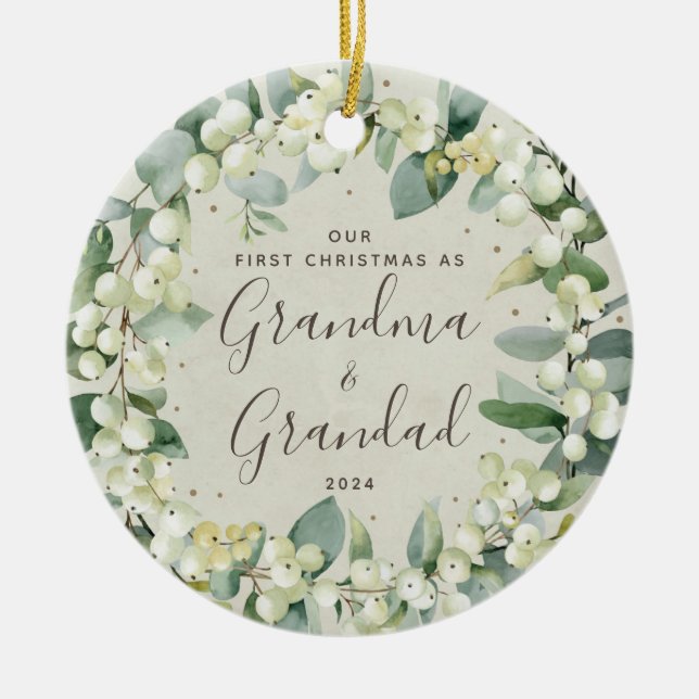 Snowberries First Christmas as Grandparents Photo Ceramic Tree Decoration (Front)