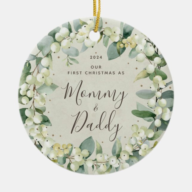 Snowberries First Christmas as Parents Photo Ceramic Tree Decoration (Front)
