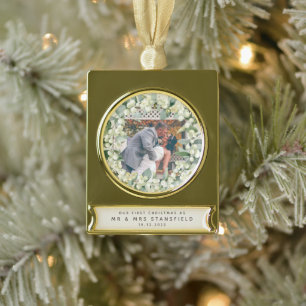 Snowberries - Our First Christmas Mr & Mrs Photo Gold Plated Banner Ornament