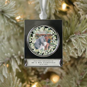 Snowberries - Our First Christmas Mr & Mrs Photo Silver Plated Banner Ornament