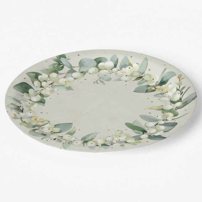 Snowberry Christmas Wreath Holiday Party Paper Plate (Angled)