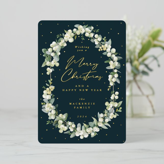 Snowberry+Eucalyptus Botanical Frame Christmas Foil Holiday Card (Standing Front)