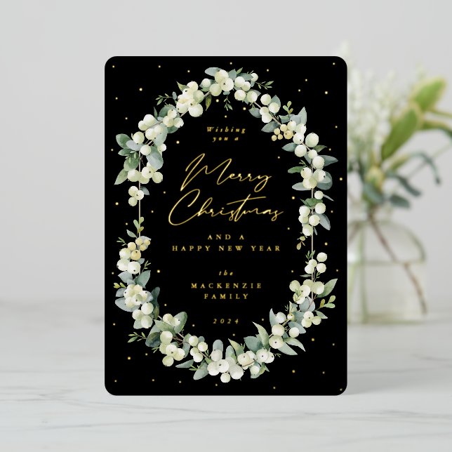 Snowberry+Eucalyptus Botanical Frame Christmas Foil Holiday Card (Standing Front)
