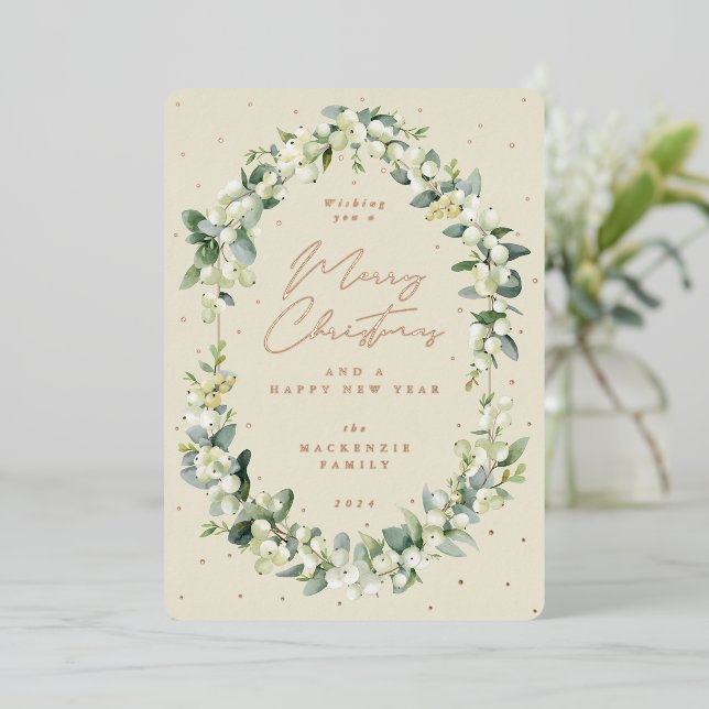 Snowberry + Eucalyptus Botanical Frame Christmas Foil Holiday Card (Standing Front)