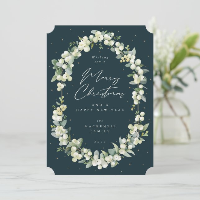 Snowberry+Eucalyptus Botanical Frame Christmas Holiday Card (Standing Front)