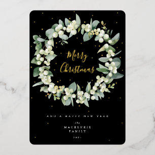 Snowberry + Eucalyptus Christmas Wreath Non-Photo Foil Holiday Card