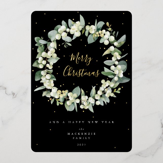 Snowberry + Eucalyptus Christmas Wreath Non-Photo Foil Holiday Card (Front)