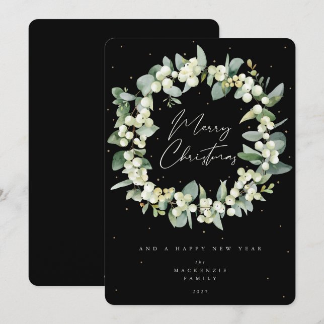 Snowberry + Eucalyptus Christmas Wreath Non-Photo Holiday Card (Front/Back)