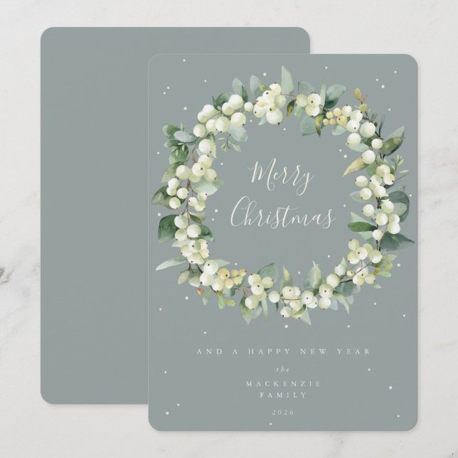 Snowberry + Eucalyptus Christmas Wreath Non-Photo Holiday Card (Front/Back)
